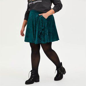 Green Crushed Velvet Mini Skater Skirt